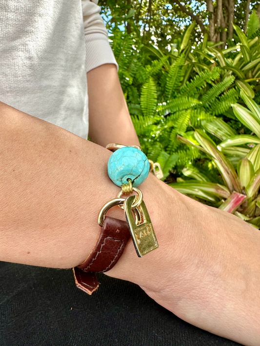 Handcrafted Brown Leather Mini Ale Bracelet with Turquoise Stone - LALEBRACELETS