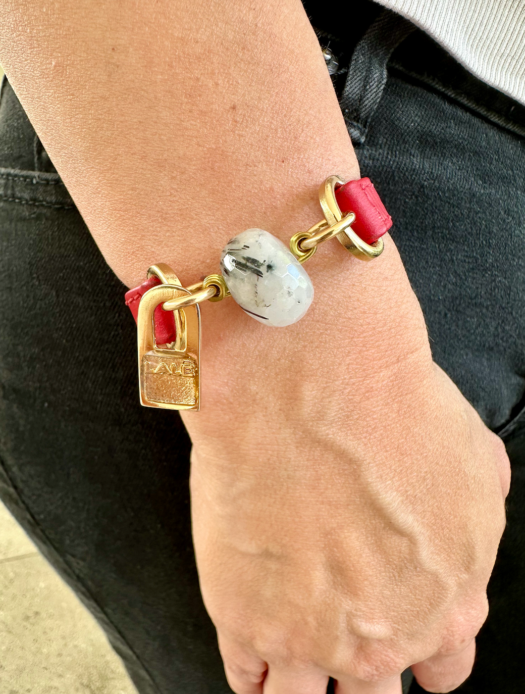 Handmade Red Leather Bracelet with Semi-Precious Stone Accent - LALEBRACELETS