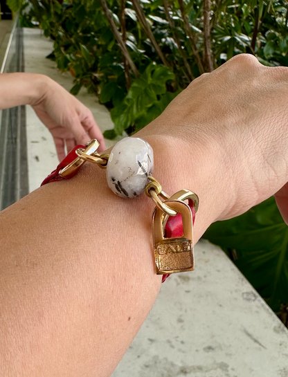 Single Wrap Red Leather Bracelet with Rutiled Quartz Stone