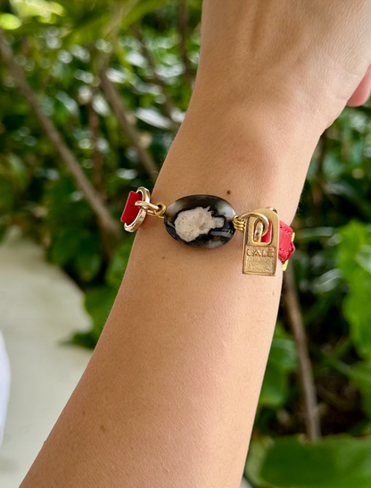 Single Wrap Red Leather Bracelet with Black Flat Agathe Stone