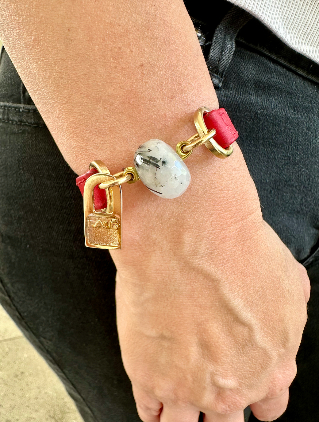 Single Wrap Red Leather Bracelet with Rutiled Quartz Stone