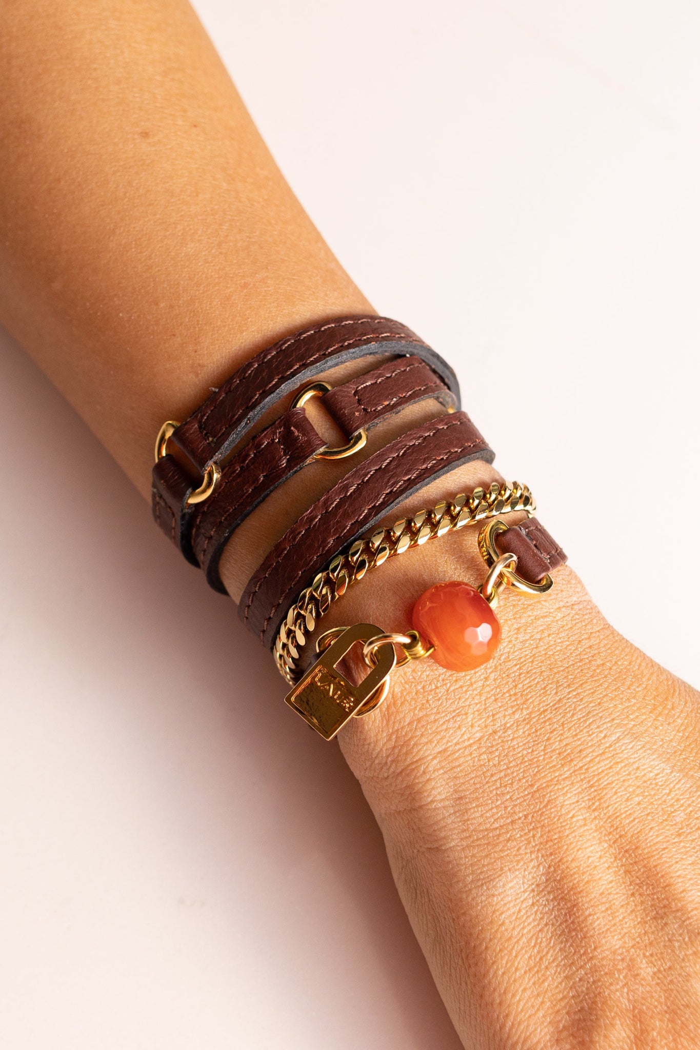 Wrap Around Bracelet - Brown Leather and Carnelian Small
