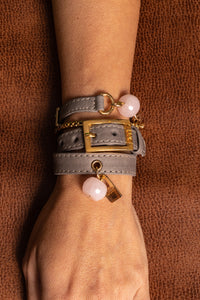 Wrap Around Bracelet - Gray Leather and Rose Quartz - LALEBRACELETS