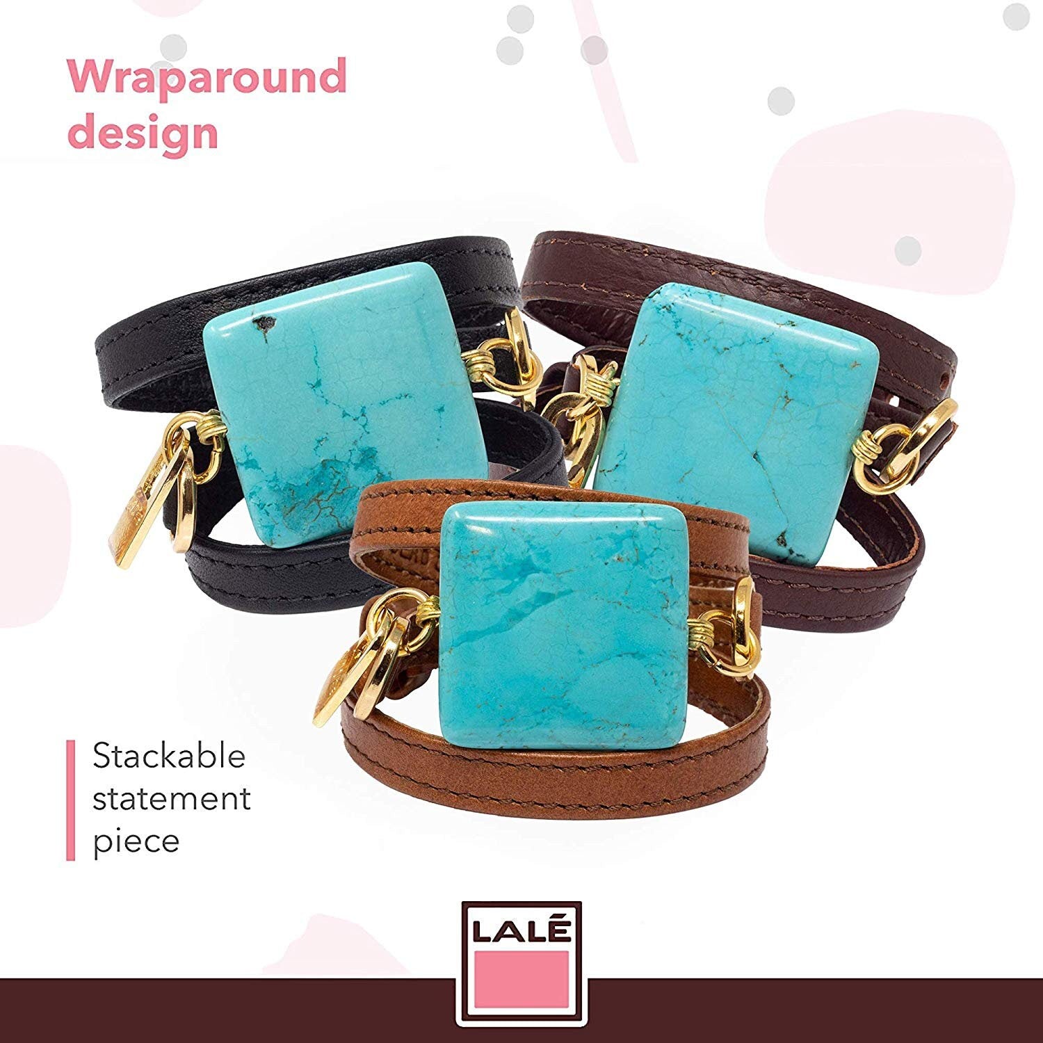Leather Wrap Bracelet Handmade - Beige Leather and Turquoise - LALEBRACELETS