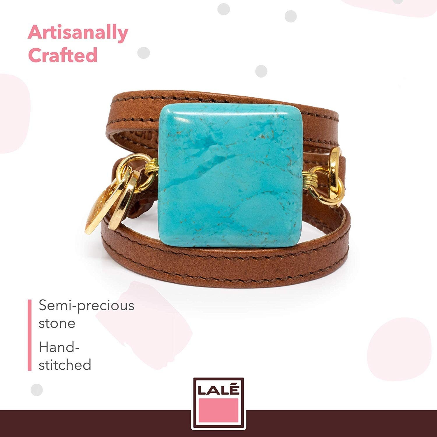 Leather Wrap Bracelet Handmade - Camel Leather and Turquoise - LALEBRACELETS
