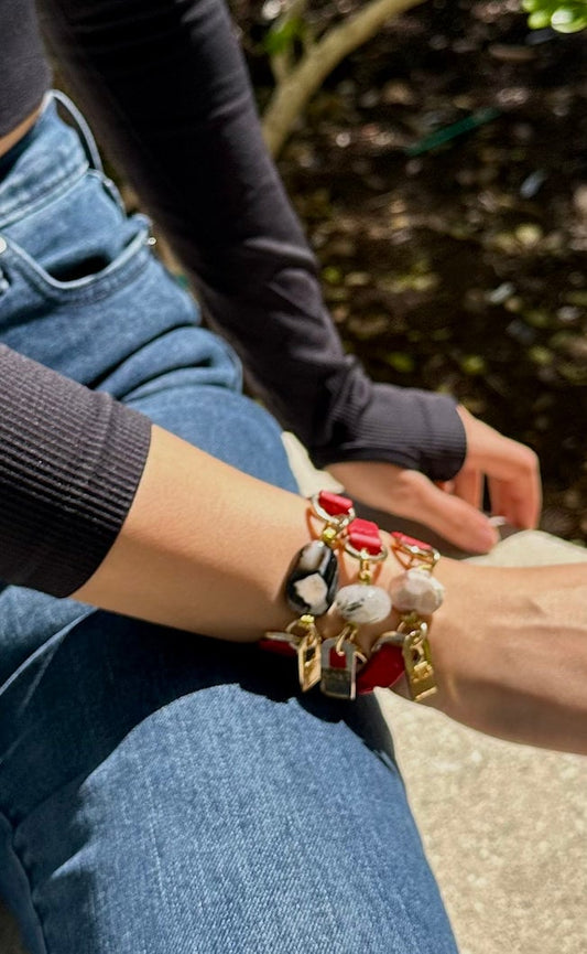 Handmade Red Leather Bracelet with Semi-Precious Stone Accent - LALEBRACELETS